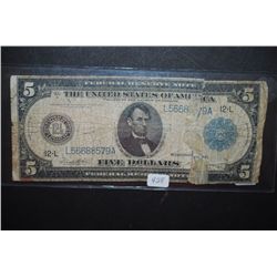 1914 US Federal Reserve Note $5; Blue Seal; San Francisco CA Reserve; Tear Thru Bill On Right Side O