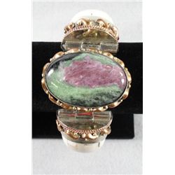 Vintage 720 ct. Ruby Zosite and Bone Nouveau Style Bangle Brac. w/silver-copper