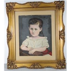 Framed painted portrait under glass, can see brush strokes on forehead under mag