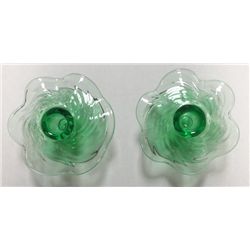 Vintage Pair of Green Depression Glass Candle holders, each 5 1/2 in diameter