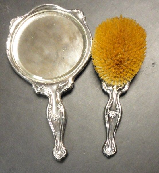 Vintage Silver Plated Dresser Set Of Mirror And Hair Brush