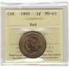 Image 1 : 1899 1¢ ICCS MS63RD.  80% red.