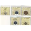 1919 1¢ AU55, 1918 5¢, 1920 EF40, 1945 AU50 & 1953 NSF FL MS64 Cameo.  Lot of 5 ICCS graded coins.  