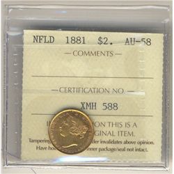 Nfld 1881H $2 Gold ICCS AU58.  Lots of lustre.  A very nice example.