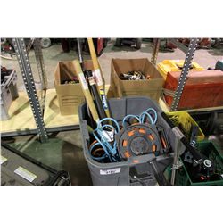 BIN OF LARGE TOOLS & EXTENSION CORDS