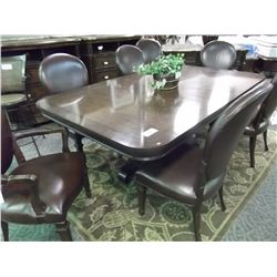 WALNUT DOUBLE PEDESTAL INLAY DINING TABLE WITH 7