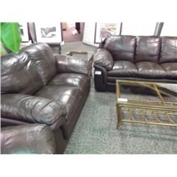 BROWN LEATHER OVERSTUFFED 3 PIECE SOFA, LOVE SEAT