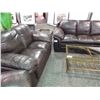 Image 1 : BROWN LEATHER OVERSTUFFED 3 PIECE SOFA, LOVE SEAT