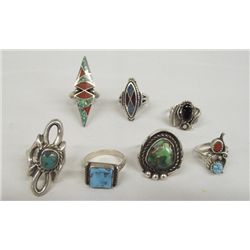 Navajo 7 Vintage Silver Turquoise Coral Jet Rings