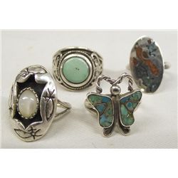 Four Sterling, Turquoise and Gemstone Rings
