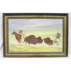Framed Oil of Buffalo Hunt - Cree Artist H Beaudry