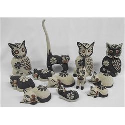 Collection of 9 Wooden Hard Carved Cats, 3 Owls