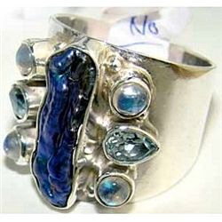 Silver and Blue Topaz & Biwa Pearl Ring