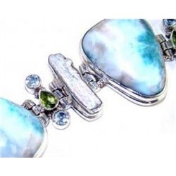 Larimar, Biwa Pearl, Blue Topaz and Peridot Bracelet