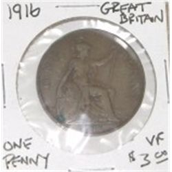 1916 GREAT BRITAIN ONE PENNY BOOK VALUE IS $3.00 *RARE EARLY VERY FINE GRADE BRITISH PENNY*!!