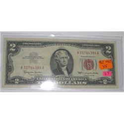 1963 SERIES $2 RED SEAL BILL SERIAL # A01764388A *RARE EXTRA FINE GRADE*!!