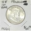 Image 1 : 1948 1ST YEAR FRANKLIN SILVER HALF DOLLAR RED BOOK VALUE IS $60.00 *RARE MS-64 HIGH GRADE*!!