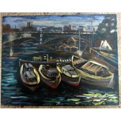 SIGNED PAINTING OF BOATS IN A HARBOR - D. STEWART