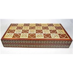 BEAUTIFUL INLAID WOODEN CHESS SET W/ CARVED IVORY AND BONE PIECES