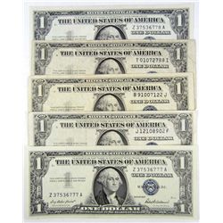 LOT OF 5 US ONE DOLLAR SILVER CERTIFICATES - UNC.
