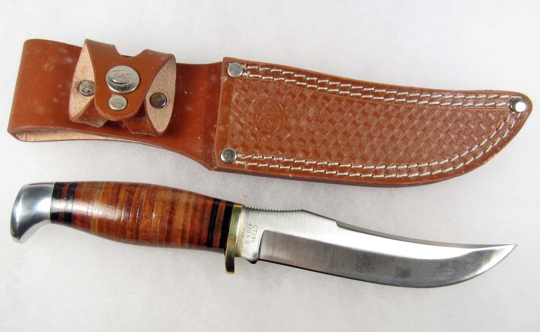 COLT CLIP POINT HUNTING KNIFE W/ STACKED LEATHER HANDLE AND SHEATH