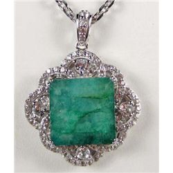 PLATINUM OVER STERLING SILVER EMERALD AND SAPPHIRE PENDANT W/ CHAIN
