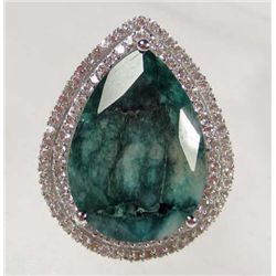 PLATINUM OVER STERLING SILVER LADIES EMERALD AND SAPPHIRE RING - SIZE 8.25