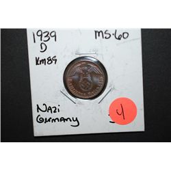 1939-D German 1 Reichspfennig Foreign Coin With Flying Eagle Holding Swatstika; MS60; EST. $10-15