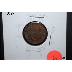 1937-F German 1 Reichspfennig Foreign Coin With Flying Eagle Holding Swatstika; XF; EST. $10-15