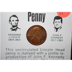 1973 US Lincoln Penny With Kennedy Profile Imprint On Obv. With Coincidences; UNC; EST. $5-10