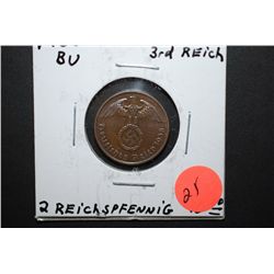 1938-A German 2 Reichspfennig Foreign Coin With Flying Eagle Holding Swatstika; BU; EST. $10-15