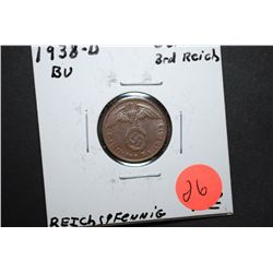1938-D German 2 Reichspfennig Foreign Coin With Flying Eagle Holding Swatstika; BU; EST. $10-15