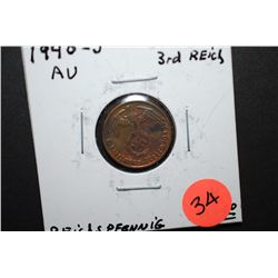 1940-J German 1 Reichspfennig Foreign Coin With Flying Eagle Holding Swatstika; AU; EST. $10-15
