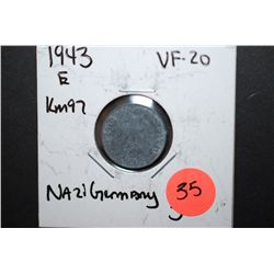 1943-E German 1 Reichspfennig Foreign Coin With Flying Eagle Holding Swatstika; VF20; EST. $10-15