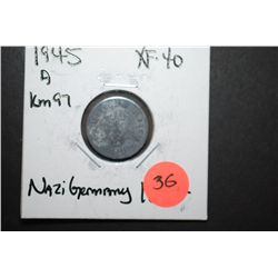 1945-A German 1 Reichspfennig Foreign Coin With Flying Eagle Holding Swatstika; XF40; EST. $10-15
