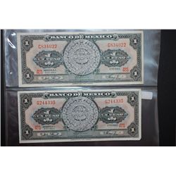 1965 Mexico Un Peso Foreign Bank Note; Lot of 2 Notes; EST. $5-10