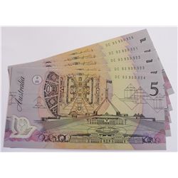 Australia 1993 Fraser-Evans $5 Pale Green Serials Consecutive Run of 5