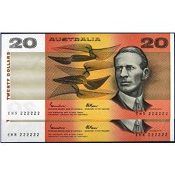 Australia 1985 Johnston-Fraser $20 Solid Serial Number 222222 with Consecutive Prefixes EHR and EHS