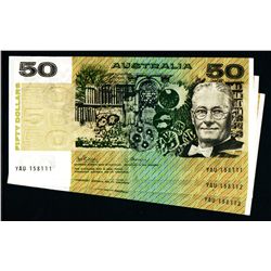 Australia 1974 Phillips-Wheeler $50 YAU Last Prefix Consecutive Trio