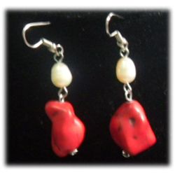 WHITE PEARL AND RED TURQUOISE DANGLING