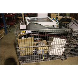 METAL BIN OF ASSORTED CAR PARTS, TOOLS & HARDWARE