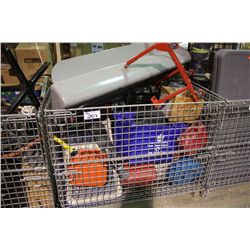 METAL BIN OF ASSORTED CAR PARTS, TOOLS & HARDWARE