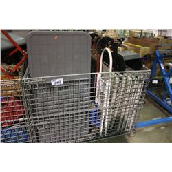 METAL BIN OF ASSORTED CAR PARTS, TOOLS & HARDWARE