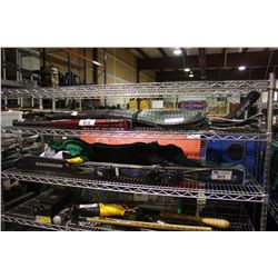 LOT OF SPORTS EQUIPMENT, HOCKEY STICKS & SNOWBOARD