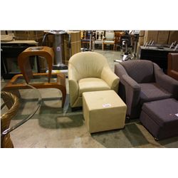 GREEN LEATHER ARMCHAIR WITH OTTOMAN