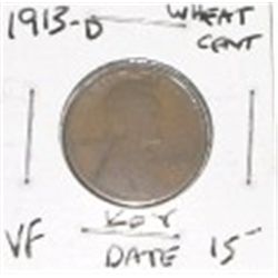 1913-D LINCOLN WHEAT CENT RED BOOK VALUE IS $15.00 *RARE EARLY KEY DATE PENNY VERY FINE GRADE*!!