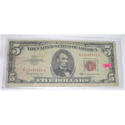 1963 SERIES $5 RED SEAL U.S. BILL SERIAL # A13468821A *RARE EARLY BILL!!