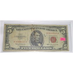 1963 SERIES $5 RED SEAL U.S. BILL SERIAL # A36606121A *RARE EARLY BILL!!