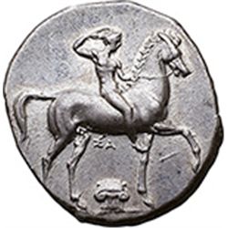 Italy. Calabria, Tarentum.   Nomos, circa 302 BC. Obv. Rider crowning himself on horse pacing to rig