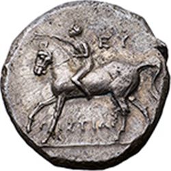 Italy. Calabria, Tarentum.   Nomos, circa 272-240 BC. Obv. Naked youth crowning a horse standing to 